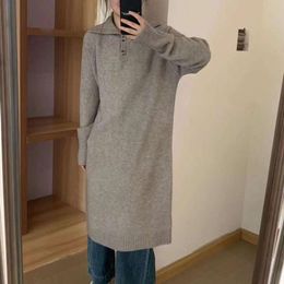 Soft Polo Collar Sweater Dress For Women Autumn Winter Style Lazy Loose Mid Long Skirt Trend
