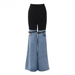 Women's Pants Flare Jeans Women Summer Casual Denim Long Pockets Splice Trousers Office Lady Tight Waist Slim Fit Full Length 2023