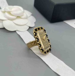 2023 Luxury quality Square shape charm band ring with black genuine leather in 18k gold plated have box stamp PS7545B