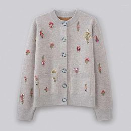 Women's Knits 2023 Autumn And Winter Cashmere Hand-embroidered Knitted Cardigan Nail Diamond Round Neck Thick Coat Women