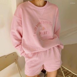 Women's Tracksuits Korean Autumn Sweatshirt Suit All Match O-neck Letter Embroidered Pullover High Waisted Loose Casual Shorts 2 Piece Sets