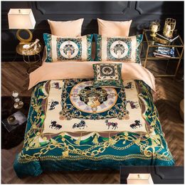 Bedding Sets Luxury Green Winter Designer Veet Queen King Size Duvet Er Bed Sheet Pillowcases Horse Printed Fashion Designers Comforte Dhw6E
