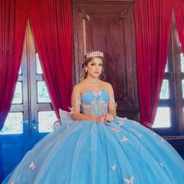 Sky Blue Quinceanera Dress Ball Gown Off Shoulder Lace Bow Beads Sequined Corset Sweet 15 Prom Gown Vestidos De Quinceanera