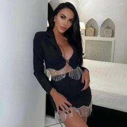 Two Piece Dress Fashion Women Short Skirt Sets 2023 Spring Rhinestone Tassel Suit Blazer High Waist Wrap Hip Mini