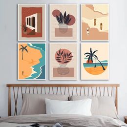 Minimal Nordic Potted Plants Poster and Print Sea Beach Staircase Canvas Painting Home Living Room Bedroom Decoration Wall Art Pictures Cuadros No Frame Wo6