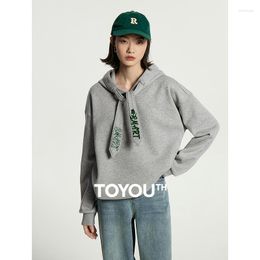 Women's Hoodies Toyouth Women Fleece 2023 Autumn Long Sleeve Loose Hooded Sweatshirt Embroidery Fashion Casual Grey Navy Pullover Tops