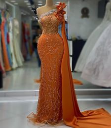 2023 Aso Ebi Arabic Orange Mermaid Prom Dress Crystals Pearls Sexy Evening Formal Party Second Reception Birthday Engagement Gowns Dresses Robe De Soiree ZJ359