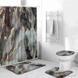 Shower Curtains Abstract Marble Texture Shower Curtains Black Gray Stone Grain Crack Pattern Home Decor Bathroom Mat U-shape Rugs Cover R230830