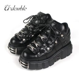 Boots U-DOUBLE Brand Punk Style Women Shoes Lace-up heel height 6CM Platform Shoes Woman Gothic Ankle Boots Metal Decor Woman Sneakers 230829