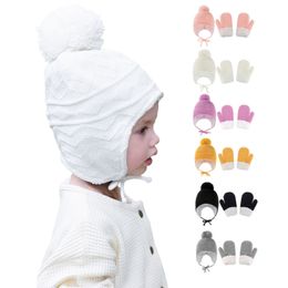 Party Hats 6 Colors Cute Baby Pompom Hat Gloves Set Warm Winter Kids Crochet Beanies Solid Color Ear Protection Toddler Bonnet Caps Q543