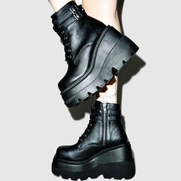Boots Brand Design Big Sizes 43 Platform High Heels Cosplay Fashionable Autumn Winter Wedges Shoes Ankle Boots Women Booties PU 230829