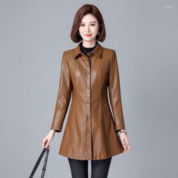 Women's Leather M-5XL Autumn Winter PU Long Korean Version Slim Trench Coat Fashion Square Collar Simple Commute Black