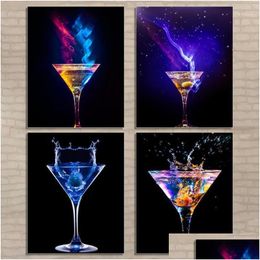 Paintings Blue Light Wine Glass Canvas Poster Bar Kitchen Decoration Painting Modern Home Decor Wall Art Picture Dining Room Decoratio Dhjfw