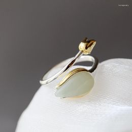 Cluster Rings Authentic 925 Sterling Silver Inlaid Natural White Jade Petal Fashion National Style Women Opening Adjustable Ring