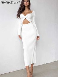 Basic Casual Dresses Fashion Double Wear Knit Dress Women Sexy Hollow Out Long Sleeve Bodycon Dresses 2023 Cross Hollow Hip Elegant Solid Vestidos T230825