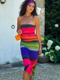 Casual Dresses Crystal Strapless Sleeveless Print Colourful Skew Hem Midi Dress 2023 Summer Women Sexy Y2K Bandage Body-Shaping Party