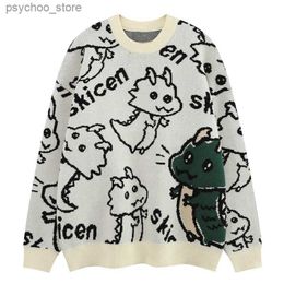High Street Cartoon Dragon Graphic Printed Sweater for Men Oversized Round Neck Knit Pullover Autumn New Knitwear Men and Women Q230830
