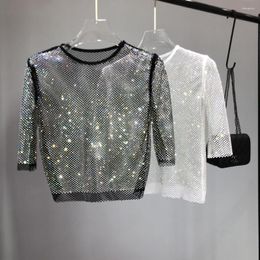 Women's Blouses Mesh Diamond Crystal Coat Ultra Fairy Inside Take Party Bling Hollow-out Render Unlined Upper Garment And Shiny T Shirt