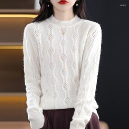 Women's Sweaters Cashmere Sweater Winter Pure Wool Pullover Half High Collar Hollow Knitted Casual Solid Colour Thick Ladies Tops