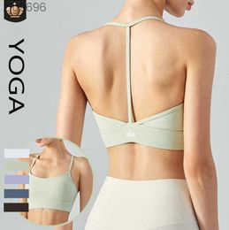 2023 Desginer Al Yoga Alobra T-line Back Neck Suspension Shock Absorbing Sports Bra Medium Strength Running Gathered Vest with Cushion