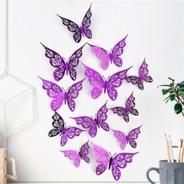 Pegatinas de pared 12 unids 3D Etiqueta de mariposa hueca DIY Decoración del hogar Decoraciones de fiesta de boda Habitación para niños 230829