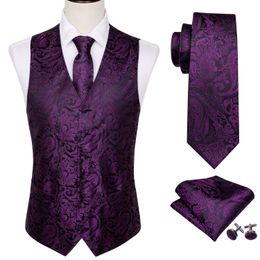 Mens Vests 4PC Silk Vest Party Wedding Purple Paisley Solid Floral Waistcoat Pocket Square Tie Slim Suit Set BarryWang BM 230829