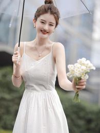 Casual Dresses Cotton Cutout Embroidered White Sling Dress 2023 Fashion Women's Clothing