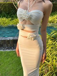 Casual Dresses Retro Sexy Flower Cut-out Slim Long Dress Sleeveless Backless Pleated Skinny Maxi Summer Vacation Lace Up Bodycon