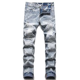 Mens Jeans Jean Homme Men Printing Streetwear Ripped Denim Pants Trend Brand Trousers Casual Solid Biker Destroyed Hole Slim Fit Cozy 230829