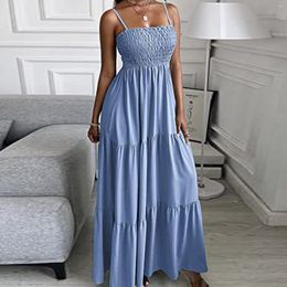 Casual Dresses Summer Temperament Sling Maxi Long Dress Ruffle Spaghetti Strap Sleeveless Natural Solid Color Female Vestidos 2023