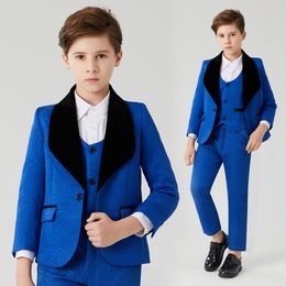 Suits Boy blue Formal Suit Kids Wedding Birthday Party Dress Flowers Boys Tuxedo Children Prom Performance Costume 230829
