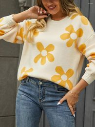 Women's Sweaters Women S V-Neck Floral Print Long Sleeve Rib Knit Sweater Pullover Jumper Top