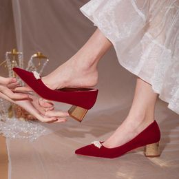 Dress Shoes Chinese Retro Wedding Pregnant Wine Red Suede Cloth Square Chunky High Heels Bride Pumps Pearl String Single