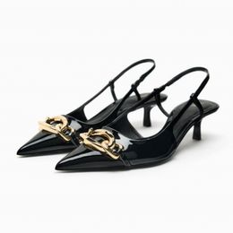 Dress Shoes TRAF Woman Black Pointed Toe Sandals 2023 Elegant Patent Leather Kitten Heels Slingbacks Chain Female Pumps Summer 230830