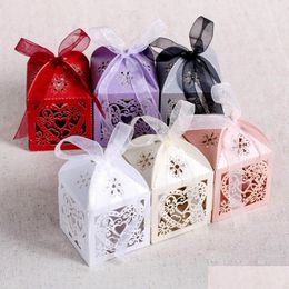 Gift Wrap 100Pcs/Set Love Heart Laser Cut Hollow Carriage Baby Shower Favors Boxes Gifts Candy Favor Holders With Ribbon Wedding Par Ott4Z