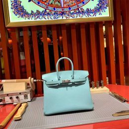 Family's Genuine Handbag Handmade Wax Thread Sewing Bk25cm Makaron Blue Epsom Cow Leather Gold Buckle Tote Shoulder Bags