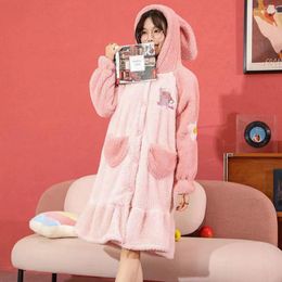 Women's Sleepwear Cartoon Winter Bathrobe Pink Hooded Warm Ladies Dressing Gown Single Breasted Fleece Long Sleeve Bath Robe For Female