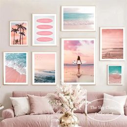 Pink Beach Ocean Canvas Painting Surf Coconut Tree Poster HD Printing Nordic Wall Art Picture Living Room Bedroom Home Decor No Frame Wo6
