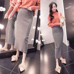 Skirts Autumn And Winter Wrap Hip Knitted Mid-length Skirt Women Casual Thick Korean High Waist Wild Split Solid Cashmere T456