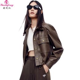 Womens Leather Faux Yuxinfeng Women Autumn Brown Jacket Drawstring Casual Loose Long Sleeve Lapel Jackets Ladies Short PU Coat 230831