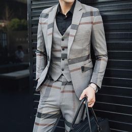 Fashion Plaid 3 Pcs Men's Suit Wedding Dress Groom Large Size Slim Casual Tuxedo Banquet Party Business Formal 5XL Suits & Bl205U