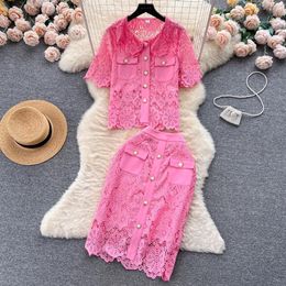 Elegant Women's Two Piece Dress Summer Sweet Small Fragrance Lace Embroidery Two Piece Set Women's Short Sleeve Hollow O203s