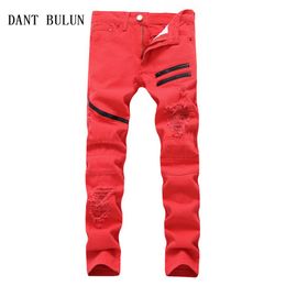 Men Jeans Straight Casual Jeans Fashion Design Slim Elasticity Men Pants Zipper White Red Black Long Trousers TS009200S