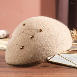 Berets 2023 Hand-embroidered Wool Beret Hat Women Party Formal Fedora Lady Autumn Winter Felt