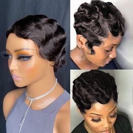 Malaysian Peruvian Indian Natural Colour 100% Raw Virgin Remy Human Hair Pixie Curly Cut Short Wig With Black Women