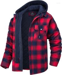 Men's Dress Shirts Flannel Shirt Jacket With Removable Hood Plaid Quilted Lined Winter Coats Thick Hoodie Outwear Man Fleece