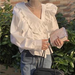 Women's Blouses White Shirt Niche Solid Chic Ruffled Loose 2023 Autumn Summer French Simple Female Tops V-neck Short Design Blouse Woman