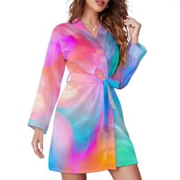 Women's Sleepwear Colorful Rainbow Pajama Robe V Neck Abstract Print Custom Bathrobe Female Long-Sleeve Sexy Pajamas Robes Comfortable Dress