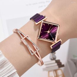 Wristwatches Sdotter Rhombus Square Dial Women's Watches Bracelet Set Quartz Watch Magnetic Woman Wristwatch Simple Diamond Gift Relogio