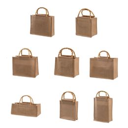 Shopping Bags Portable Burlap Jute Bag Handbag Bamboo Loop Handles Reusable Tote Grocery 230830